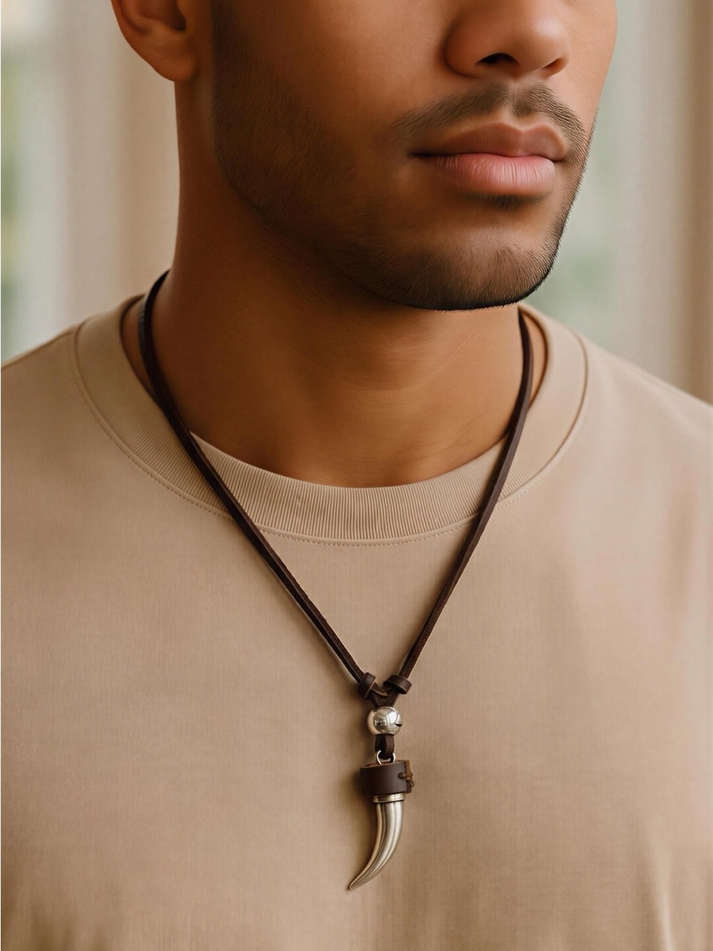Men's Brown Leather Necklace with Horn Pendant